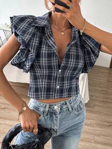 GENKIRA Plaid Print Flounce Sleeve Crop Shirt - Blue and White - View 2