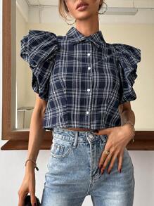 GENKIRA Plaid Print Flounce Sleeve Crop Shirt - Blue and White - View 1