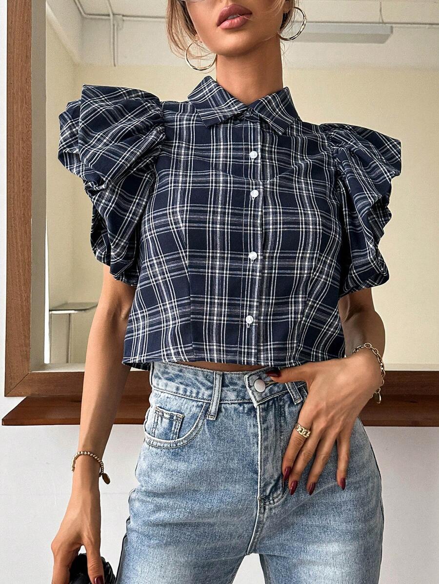 GENKIRA Plaid Print Flounce Sleeve Crop Shirt - Blue and White - View 1
