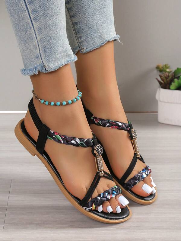 Vacation Slingback Sandals For Women, Faux Suede Beaded Decor Braid Detail Flat Sandals