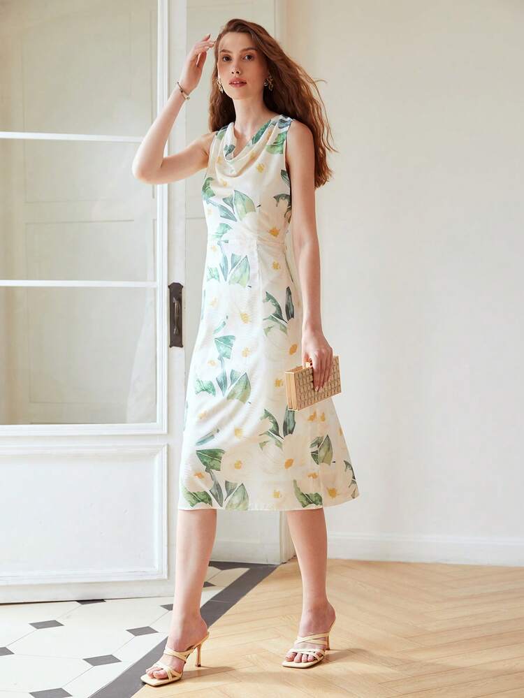 FLORAL COWL-NECK MIDI DRESS