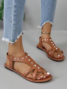 Xăng đan quai hậu đính đá trang trí cho nữ, Xăng đan đế bằng thời trang mùa hè - màu nâu - Xem 5