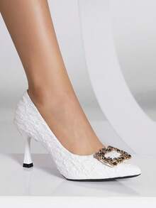 女士水鑽裝飾尖頭高跟宮廷魅力四射戶外高跟鞋 - 白色 - 查看 4