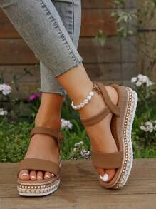 Sandal đế xuồng cao gót kiểu La Mã dành cho nữ, đính đinh tán, quai ngang mắt cá chân, hở mũi, kiểu dáng thanh lịch thường ngày, thích hợp cho mùa hè và những chuyến du lịch. - Cà phê nâu - Xem 3