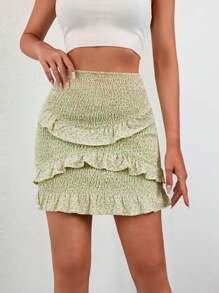 EURMUSE Ditsy Floral Print Ruffle Trim Shirred Skirt - Multicolor - View 1