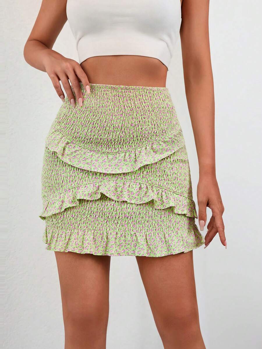 EURMUSE Ditsy Floral Print Ruffle Trim Shirred Skirt - Multicolor - View 1