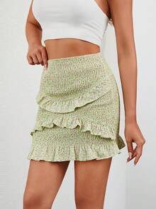 EURMUSE Ditsy Floral Print Ruffle Trim Shirred Skirt - Multicolor - View 3