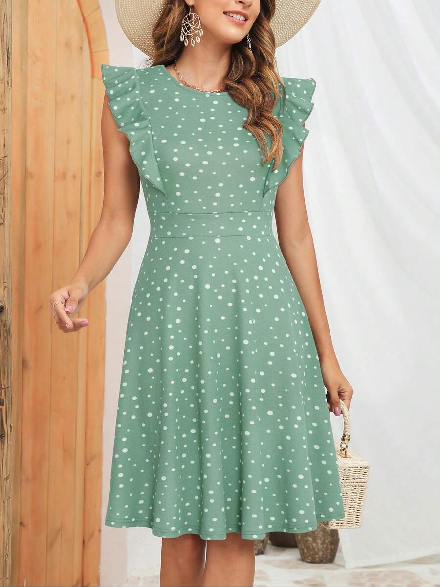 Vestido con estampado de lunares ribete con fruncido - verde menta - Ver 1