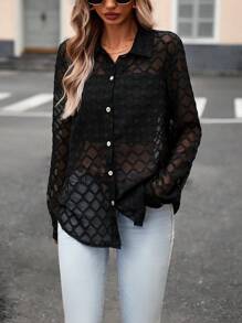 SHEIN Clasi Solid Button Front Shirt Without Bra Fall Cloth For Women - Black - View 4