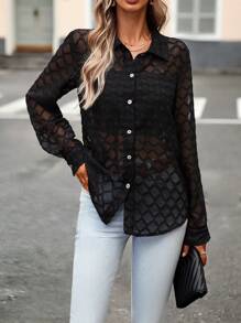 SHEIN Clasi Solid Button Front Shirt Without Bra Fall Cloth For Women - Black - View 5