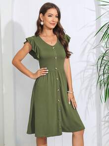 Vestido unicolor con botón delantero de manga con volante - Verde militar - Ver 3