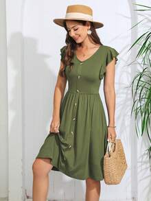 Vestido unicolor con botón delantero de manga con volante - Verde militar - Ver 4