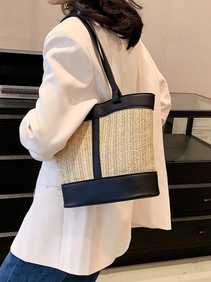 雙色草編包度假雙把手 - 黑色 - 查看 1