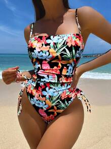 Contrast Print Smocked Side Cutout Sexy One-Piece Swimsuit With Laces For Beach Vacation Summer