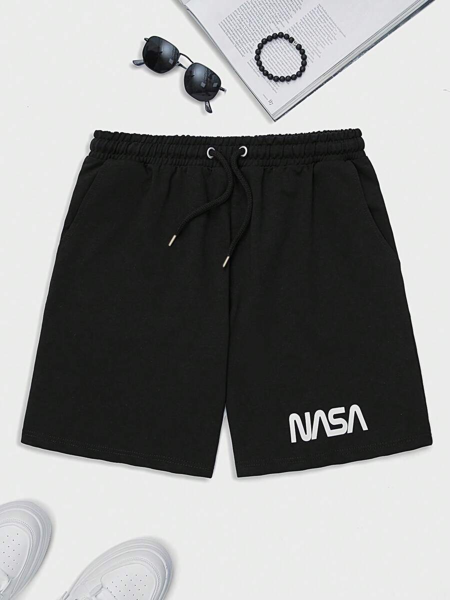 RueChic Men Letter Graphic Drawstring Waist Shorts - Black - View 1