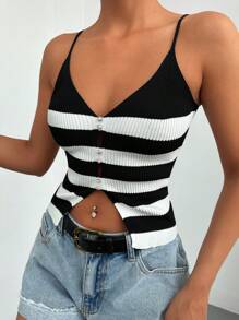 EURMUSE Striped Pattern Rhinestone Detail Cami Knit Top - Đen và trắng - Xem 1