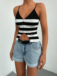 EURMUSE Striped Pattern Rhinestone Detail Cami Knit Top - Đen và trắng - Xem 4