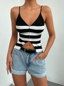 EURMUSE Striped Pattern Rhinestone Detail Cami Knit Top - Đen và trắng - Xem 5