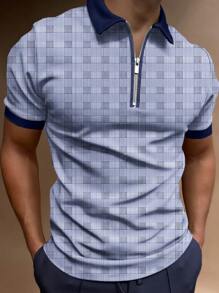 Manfinity Homme Men Plaid Print Polo Shirt - Blue and White - View 1