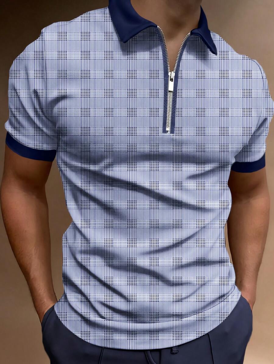 Manfinity Homme Men Plaid Print Polo Shirt - Blue and White - View 1