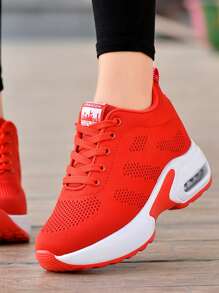 秋冬女士休闲透气减震步行鞋时尚坡跟厚底运动鞋，女式运动鞋