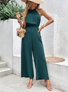 SHEIN Frenchy Solid Wide Leg Halter Jumpsuit - Green - View 1