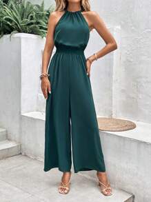 SHEIN Frenchy Solid Wide Leg Halter Jumpsuit - Green - View 5