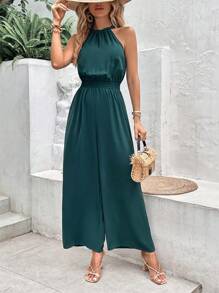 SHEIN Frenchy Solid Wide Leg Halter Jumpsuit - Green - View 6