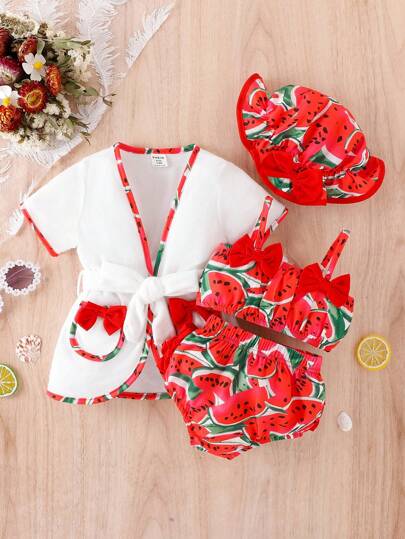 Baby Girl Watermelon Trim Short Sleeve Jacket, Bow Decor Camisole, Shorts Cute 3-Piece Set With Hat