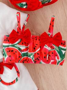 Áo khoác tay ngắn họa tiết dưa hấu cho bé gái, áo hai dây nơ, quần short, bộ 3 món dễ thương kèm mũ - Đỏ và trắng - Xem 5