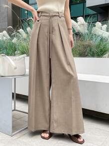 DAZY Quần ống rộng cạp cao xếp ly, quần giáo viên - Màu Khaki - Xem 1