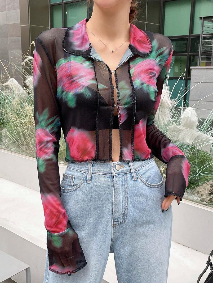 DAZY Floral Print Mesh Top-stitching Crop Blouse - Black - View 1