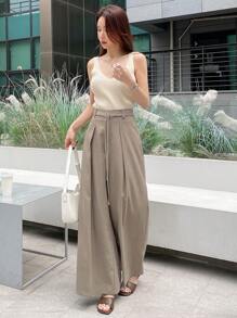 DAZY Quần ống rộng cạp cao xếp ly, quần giáo viên - Màu Khaki - Xem 3