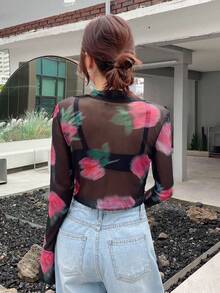 DAZY Floral Print Mesh Top-stitching Crop Blouse - Black - View 2