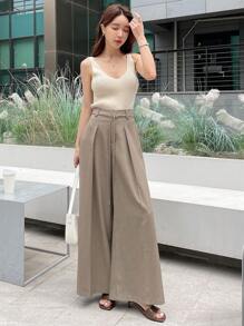 DAZY Quần ống rộng cạp cao xếp ly, quần giáo viên - Màu Khaki - Xem 4