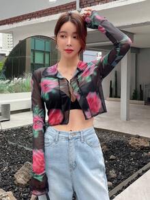 DAZY Floral Print Mesh Top-stitching Crop Blouse - Black - View 4