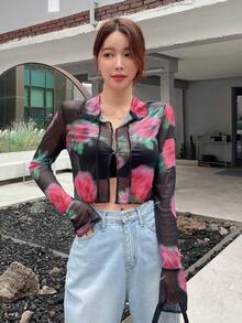 DAZY Floral Print Mesh Top-stitching Crop Blouse - Black - View 5
