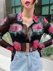DAZY Floral Print Mesh Top-stitching Crop Blouse - Black - View 6