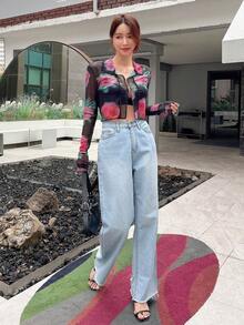 DAZY Floral Print Mesh Top-stitching Crop Blouse - Black - View 8