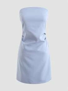素色側收褶抹胸連衣裙 - 淺藍色 - 查看 1