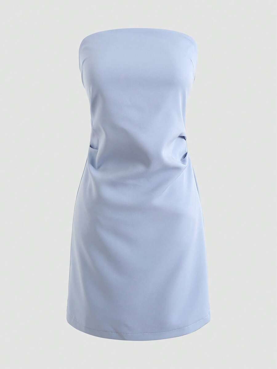 素色側收褶抹胸連衣裙 - 淺藍色 - 查看 1