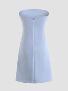 素色側收褶抹胸連衣裙 - 淺藍色 - 查看 2