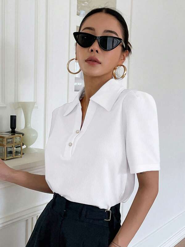DAZY Solid Button Front Polo Neck Tee