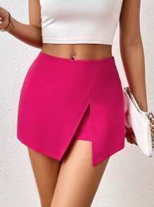 SHEIN PETITE Quần đùi nữ Chia màu trơn Giải trí - Màu Hồng Tươi - Xem 1