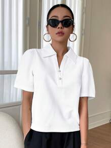 DAZY 素色前紐扣Polo領T恤 - 白色 - 查看 4