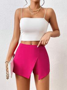 SHEIN PETITE Quần đùi nữ Chia màu trơn Giải trí - Màu Hồng Tươi - Xem 3