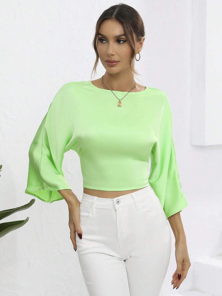 מחשוף גב קשירה מאחור פשוט סקסי חולצות לנשים - ירוק מנטה - ראה 3