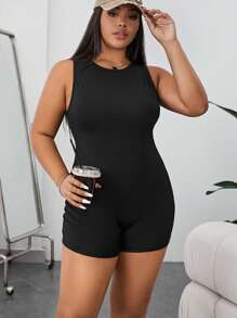 SHEIN EZwear 大碼素色彈力緊身連體短褲 - 黑色 - 查看 2