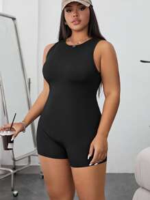 SHEIN EZwear 大碼素色彈力緊身連體短褲 - 黑色 - 查看 1