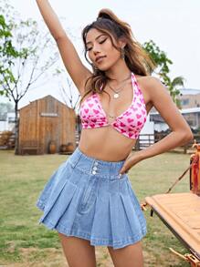 High Waist Pleated Denim Skirt - Light Wash - View 3